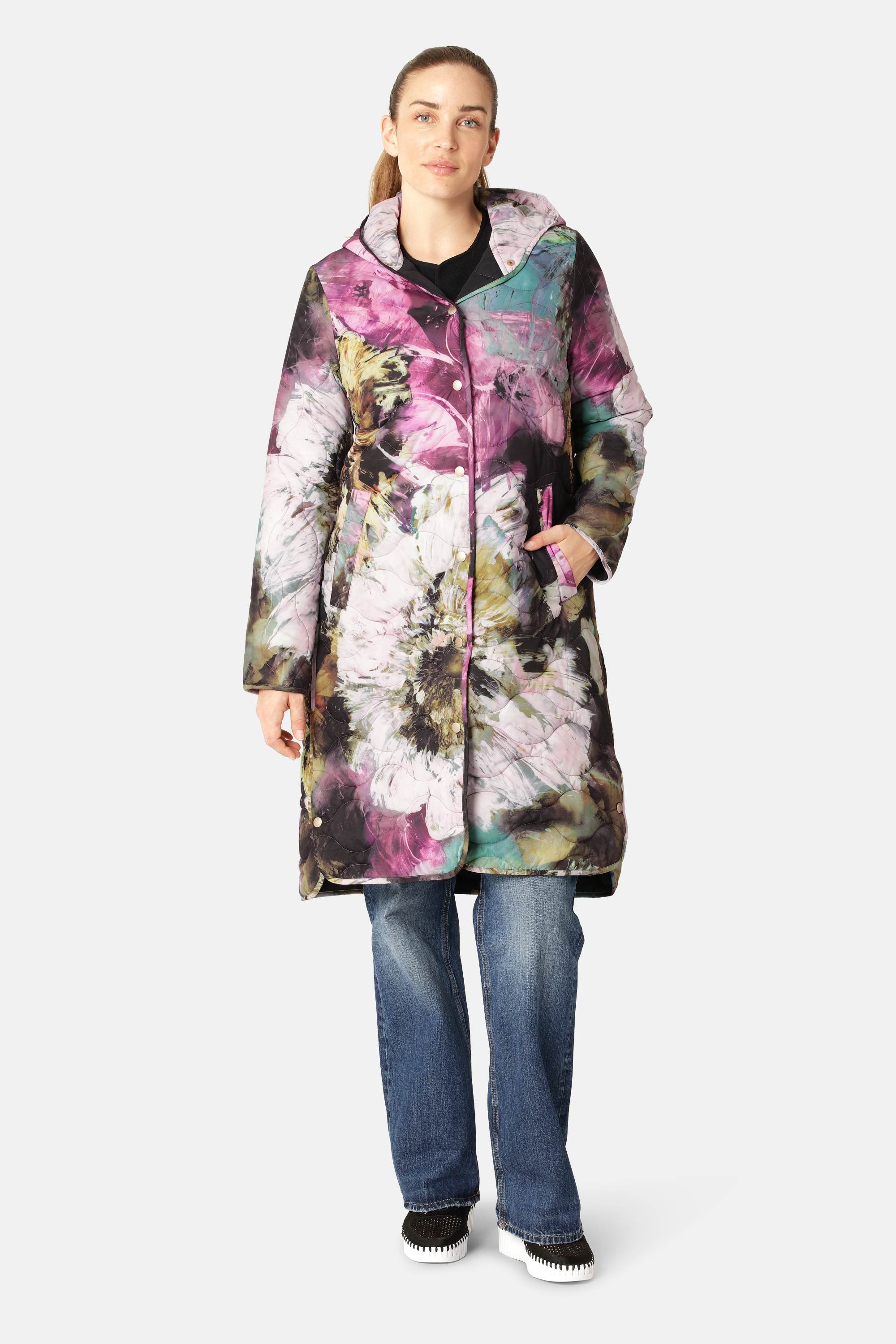 Lang Quiltet Frakke - Artistic Flower Print
